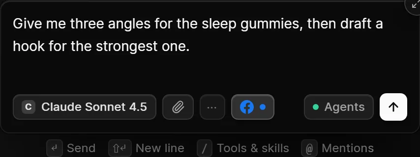 The Loops composer with a model picker, attachments, a Meta toggle and Agents, with hints for / tools and skills and @ mentions
