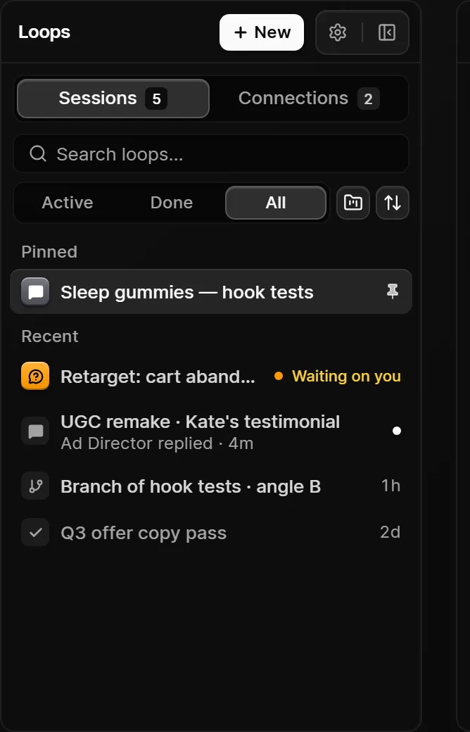 The Loops sessions sidebar with pinned and recent loops, one marked Waiting on you